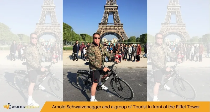 Arnold Schwarzenegger and a group of Tourist in front of the Eiffel Tower
